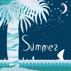 Night summer cover with palm leafs and ocean