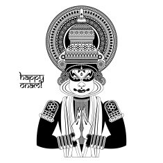 Decorated Indian Kathakali dancer Happy Onam Black and white N3