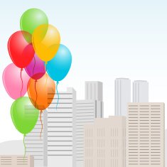 City illustration with balloons -VECTOR