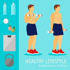 Exercises with dumbbells set Healthy lifestyle and sports theme