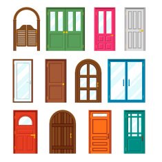 Set of front buildings doors in flat design style N2