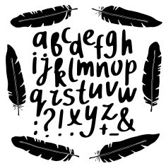 Hand drawn black sketch alphabet feathers N2