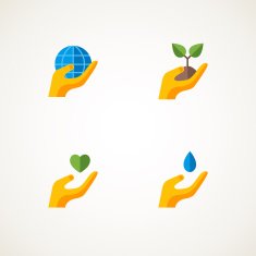 Sign with hand holding elements Earth heart sprout water drop
