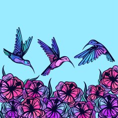 Flying tropical stylized hummingbirds with flowers background