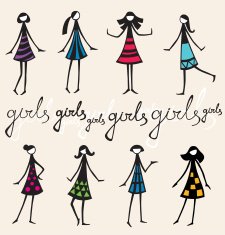 Decorative doodle silhouettes of girls in colorful dresses N2