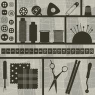 Sewing and tailoring related objects on sewing pattern background N2