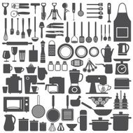 Kitchen related utensils and appliances silhouette icons vector set