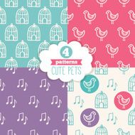 Collection of seamless patterns with cute pets Bird notes birdcage