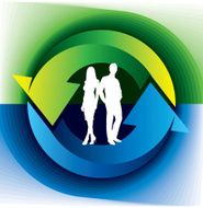 businessman and businesswoman on background with arrows?