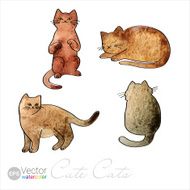 Vector Watercolor Cute Red Cats Set of Four Painted Illustrations