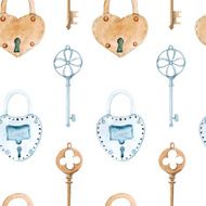 vector watercolor seamless pattern with keys and locks N2