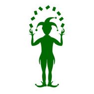 Green silhouette of Joker playing with cards