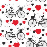 seamless pattern black bike and red heart on white background