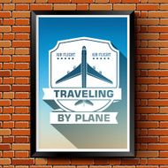 Travel by plane logo or label template on brick wall