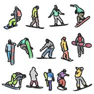 colored silhouettes snowboarders