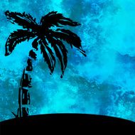 Watercolor blue background and sketch coconut palm tree