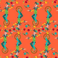 Clowns on unicycle juggling with balls Seamless background pattern