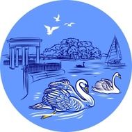 landscape with sailboat swans and seagulls