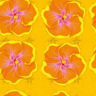 seamless yellow background with orange hibiscus flowers