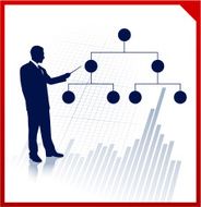 Business man on background with financial structure diagram