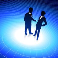 businessman and businesswoman blue internet background with binary code