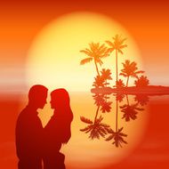 Sea sunset Island with palm trees and silhouette couple