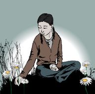 Young Woman Sitting and Picking Daisies in Field