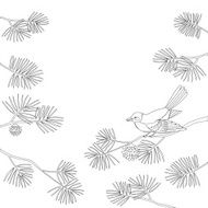 Titmouse on pine branch contour Vector
