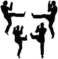 martial art silhouettes of men in heel kick karate poses