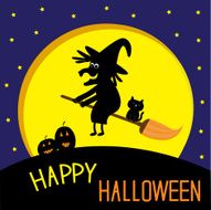 Flying black witch and cat Big moon Happy Halloween card N2