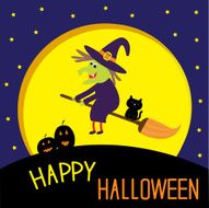 Flying cartoon witch and cat Big moon Happy Halloween card N2
