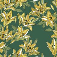 Vector seamless pattern with decorative lily flowers in green colors N2