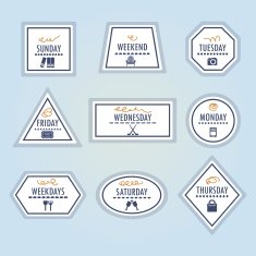 Weekdays stickers and icons set on blue background N2