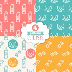 Collection of seamless patterns with cute pets Cat milk cat footprint