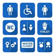 various white color flat style water closet signs toilet restroo