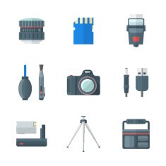 color flat style isolated digital photography tools icons