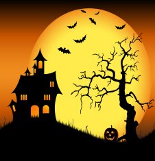 Halloween haunted castle with bats and tree