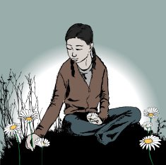 Young Woman Sitting and Picking Daisies in Field