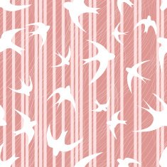 White silhouettes of swallow on striped pink background