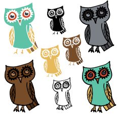 Cartoon Owl with Variations - Stencil silhouette and Colored Versions