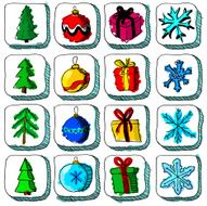 Set of colorful Christmas sketch icons with baubles and gifts N2