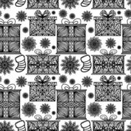 Holiday seamless pattern with snowflakes gifts and Christmas stocking