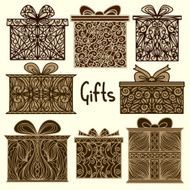 Vintage holiday background with set isolated silhouette icons gift boxes