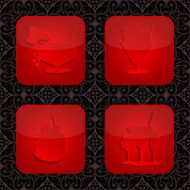 Set of desserts and drinks on ornamental background