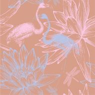Seamless pattern with blue and pink flamingos dragonflies water lilies N2