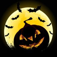 Halloween background with pumpkin in grass and moon