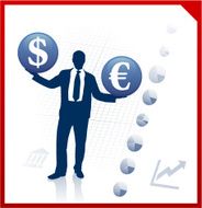 Young business man silhouettes with currency symbols