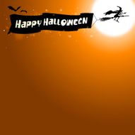 Witch and bats flying Happy Halloween banner across the moon
