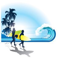 Surfers walking