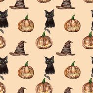 Seamless pattern with black cat and pumpkin
